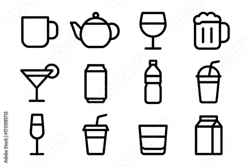 Minimalist line icons of various drink containers for beverage design