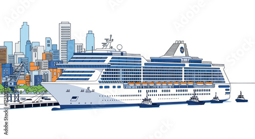 Large White Cruise Ship Docked at City Port Daytime.