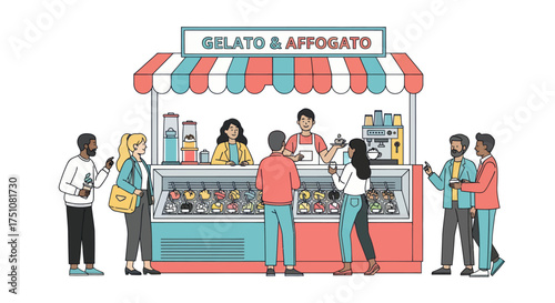 Vibrant Gelato and Affogato Stand with Customers Enjoying Treats.