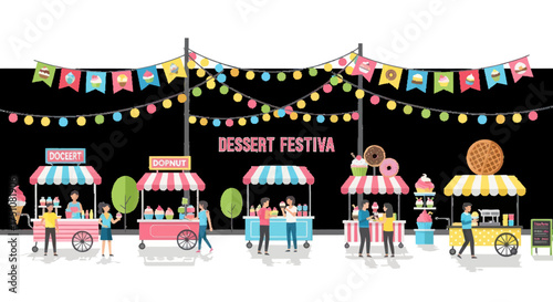 A vibrant dessert festival at night with colorful food stalls vendors and customers under festive string lights.