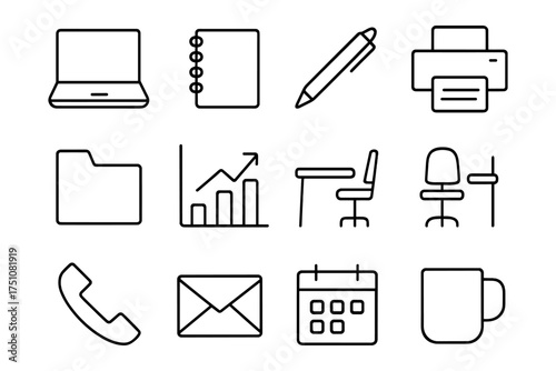 Essential office icons set: simple line art for business and productivity design