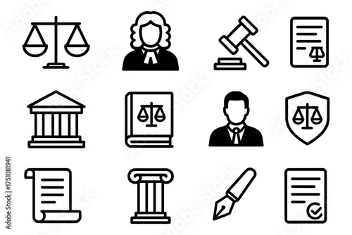 Legal outline set: icons of justice, law, and ethics