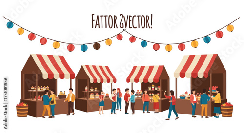 Lively Outdoor Market Scene with Colorful Stalls and Festive Garland.