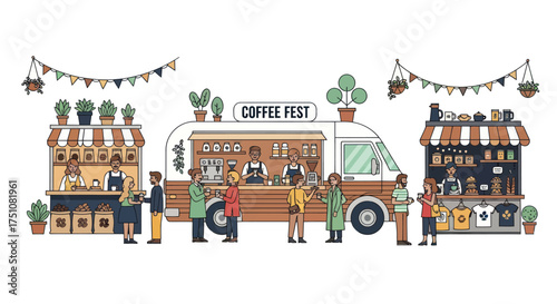 Vibrant Outdoor Coffee Festival with Food Truck and Market Stalls.