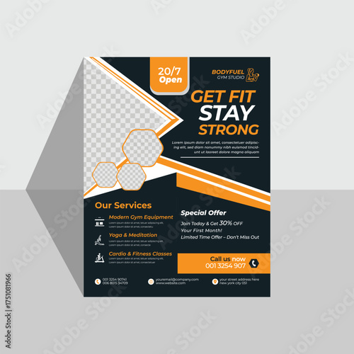 Gym flyer design. Fitness workout promotional leaflet, brochure cover, ads, banner template design