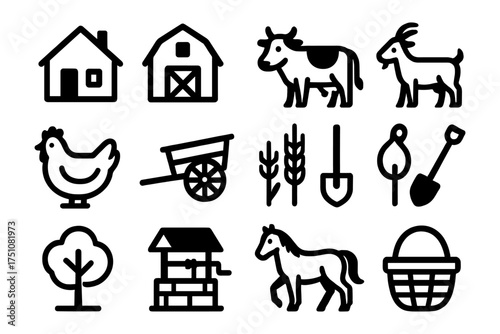 Farm icons collection: animals, tools, and buildings in bold linear style