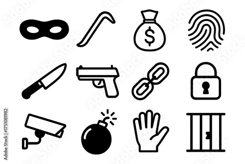 Crime and security icons set featuring mask, lock, and surveillance camera