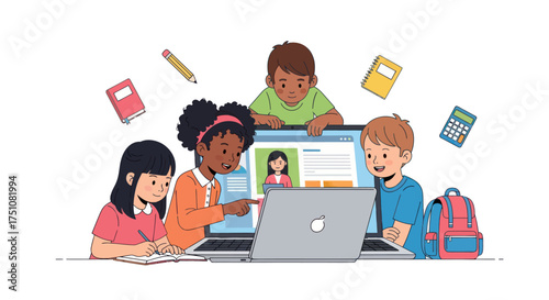 Diverse group of children engaged in online learning with a laptop and school supplies.