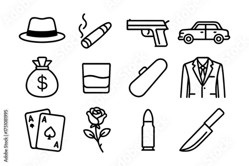 Outline icons of mafia elements: hat, gun, car, and more