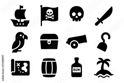 Pirate themed icons set featuring skulls, ships, and treasures in bold silhouette style