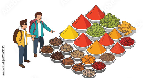 Cartoon Men Admiring Colorful Pyramid of Various Spices.