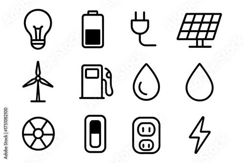 Modern energy icons set featuring solar, wind, and electric elements in simple line art style