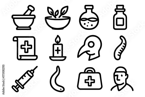 Medieval medicine icons set with herbal remedies and plague mask in line art