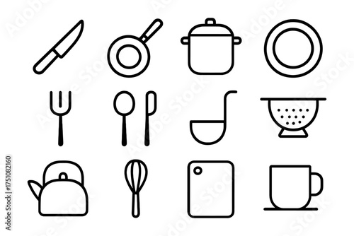 Minimalist kitchen icons set featuring utensils and tableware