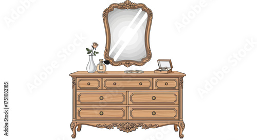 Vintage Ornate Wooden Dresser with Matching Carved Mirror.