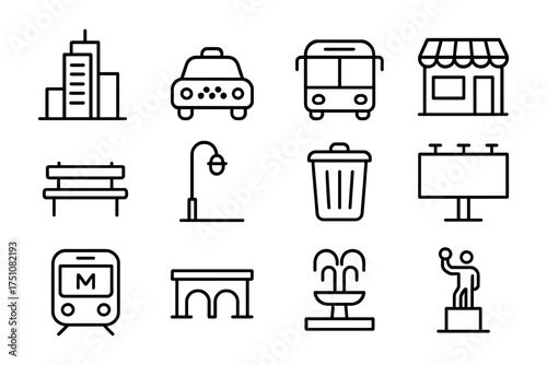 Urban outline icons set featuring transportation, architecture, and public spaces