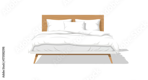 Modern wooden double bed with a light oak headboard and crisp white bedding.