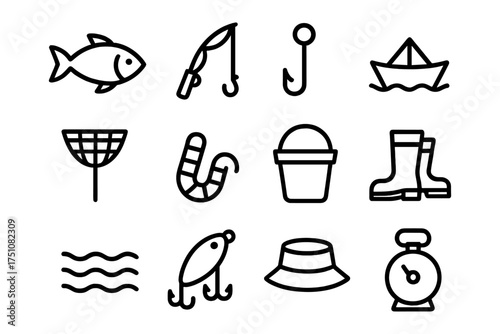 Fishing icons: outline style collection of fishing tools and equipment