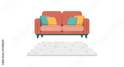 Modern Red Sofa with Colorful Cushions and White Shaggy Rug Flat Illustration.