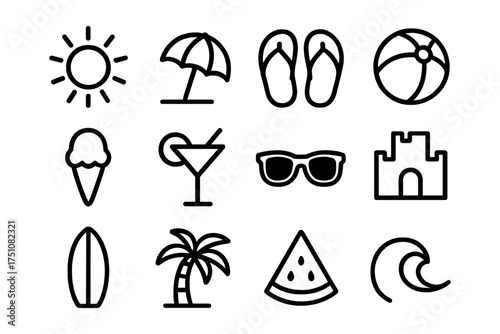 Simple summer icons set: beach, sun, and fun outline collection