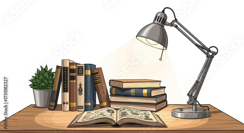 Desk with stack of books open book and adjustable lamp illuminating the scene.