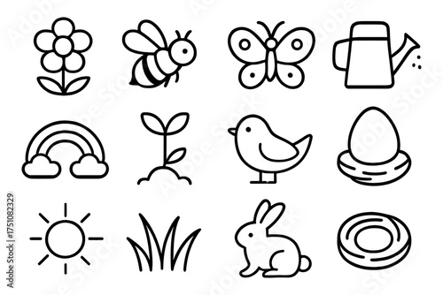 Springtime icons collection: minimalist nature and gardening symbols