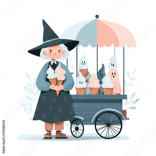 cute girl witch ice cream vendor holding spooky soft serve cones shaped like ghost faces vector illustration