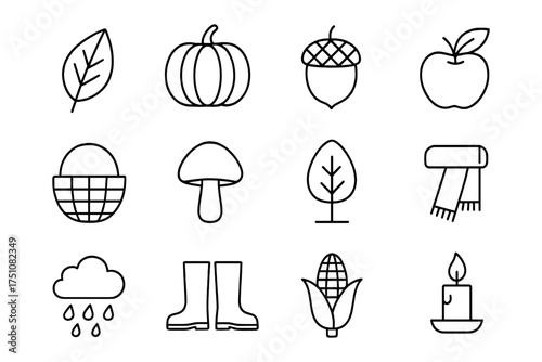 Autumn icons: pumpkin, acorn, apple, and more in simple line art style