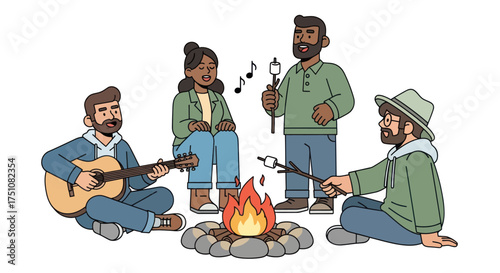 Diverse group of friends enjoying a campfire with music and roasted marshmallows.