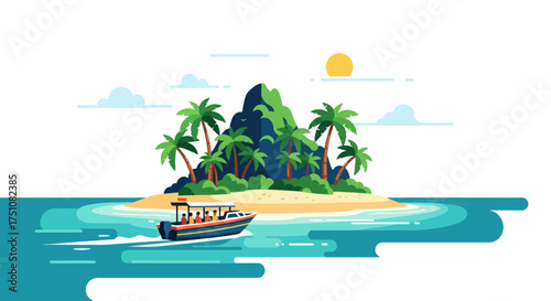 Tropical island with palm trees mountain and boat carrying people on blue ocean water.