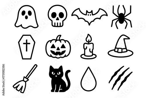 Halloween icon set with ghost, skull, and more in simple black outline style