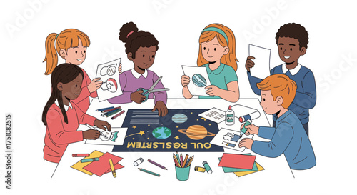 Diverse group of elementary school children collaborating on a creative solar system science project.
