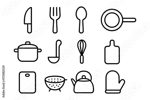 Minimalist kitchen utensils outline set for cooking and culinary design projects