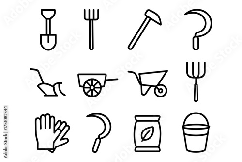 Garden tools outline collection: minimalist linear icons for agriculture and horticulture