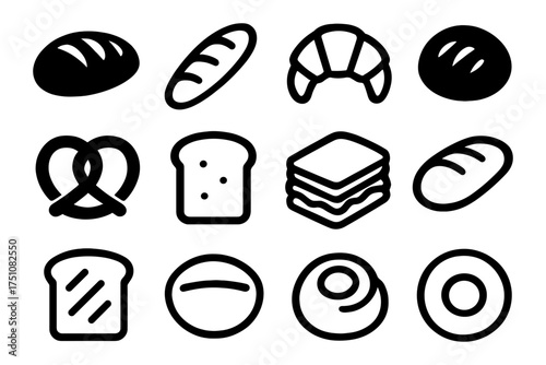 Black and white bakery icons collection including bread, croissant, pretzel, and doughnut