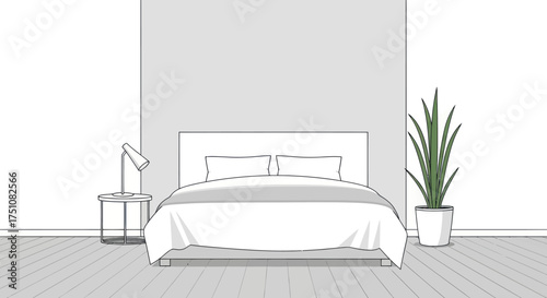 Minimalist Line Art Bedroom Interior Design Sketch with Bed Lamp and Potted Plant.