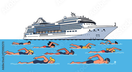 Cruise Ship with Swimmers Enjoying the Ocean Water.