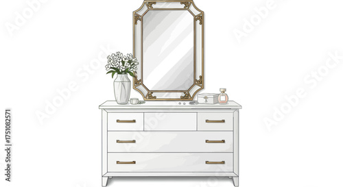 Elegant White Dresser with Ornate Gold Mirror and Flowers.