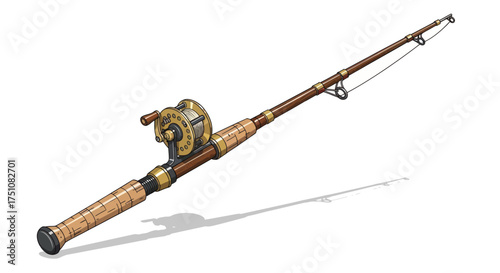 Classic Fishing Rod and Reel with Brown and Gold Details.