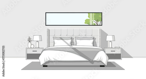 Elegant Bedroom Interior with Bed Nightstands Lamps and Artwork.