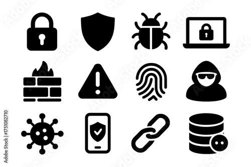 Cybersecurity icons: lock, shield, malware, firewall, hacker, virus, encryption