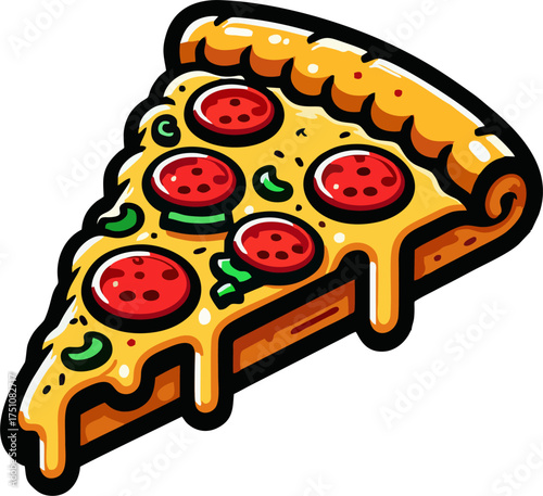 Cartoon Pizza Slice Vector – Melted Cheese, Pepperoni, and Green Pepper with Bold Outline