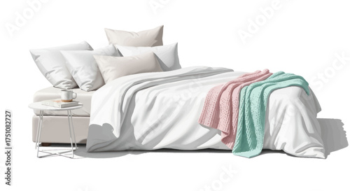 Cozy White Bed with Pastel Throws and Pillows.
