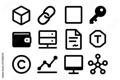 Minimalist icons set featuring key, graph, and network symbols in bold outline style