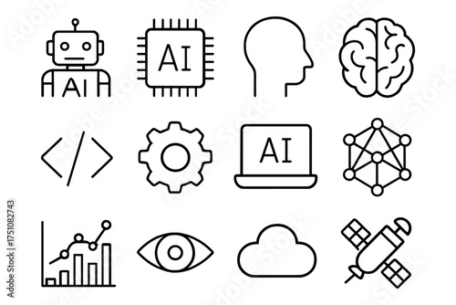 Ai technology icons featuring robots, neural networks, and data visualization in linear style