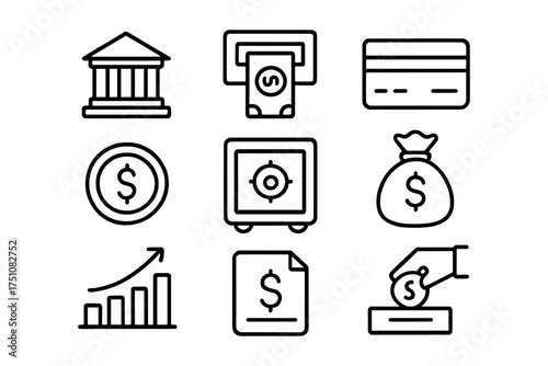 Finance icons: banking, savings, investments - linear style for modern applications