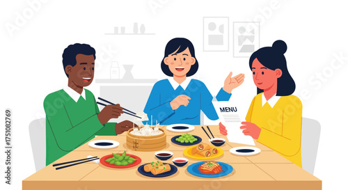 Diverse friends enjoying Asian cuisine meal together at a restaurant table.