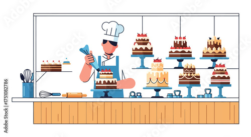 Baker Decorating a Multi-Tiered Cake with Pastry Bag.