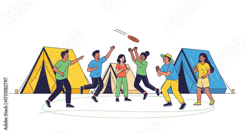 Diverse group of friends enjoying outdoor camping and playing frisbee.