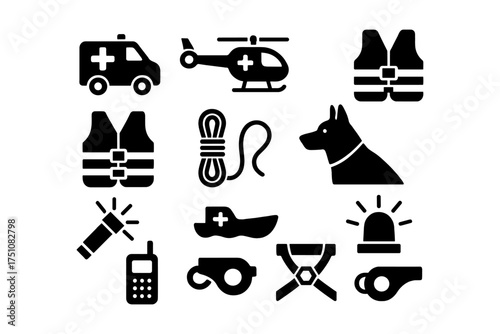 Emergency rescue icons: silhouette set with medical and safety equipment